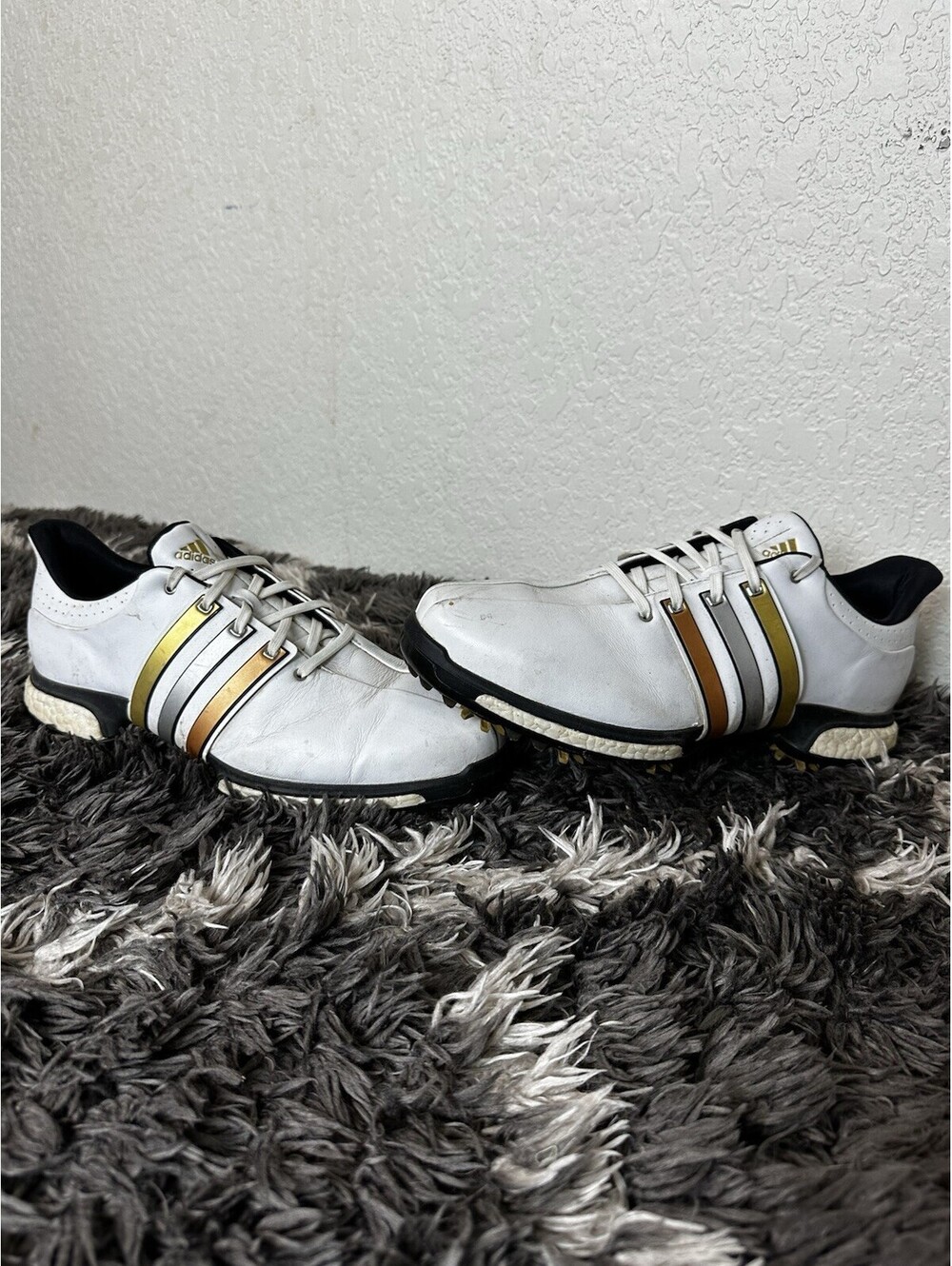 Adidas Tour360 Boost Mens Golf Shoes White Gold Cleated Leather Size 10.5 F33483